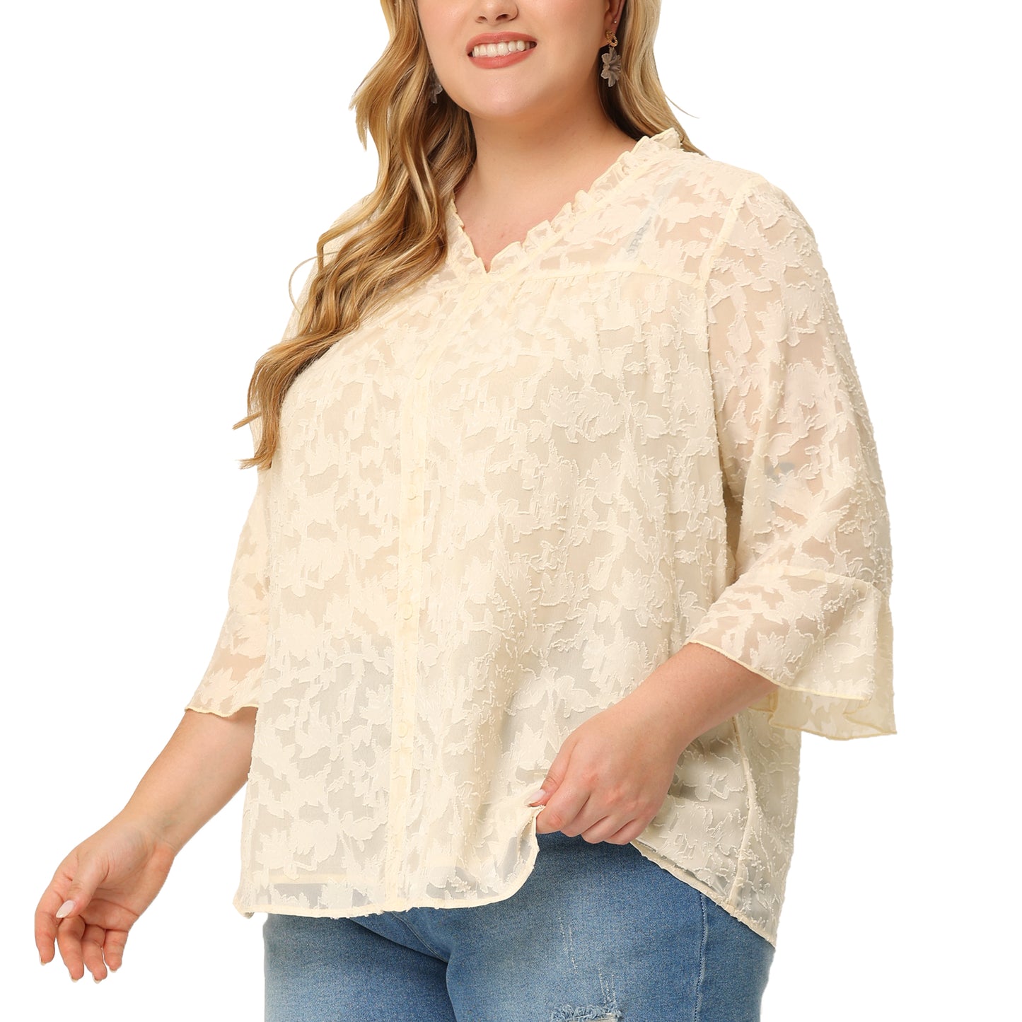 Women Plus Size Top Ruffle V Neck 3/4 Bell Sleeve Semi Sheer Blouse
