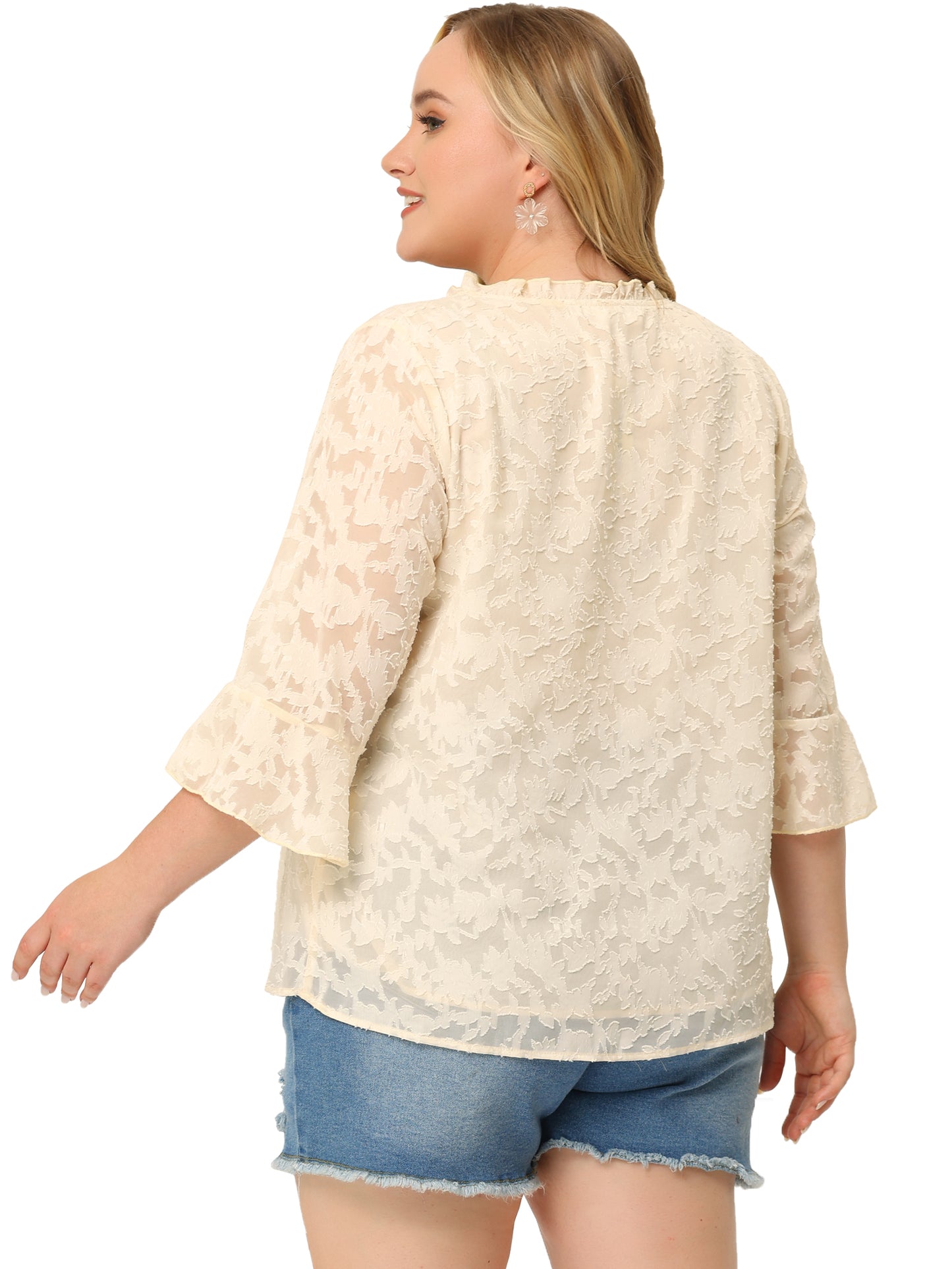 Women Plus Size Top Ruffle V Neck 3/4 Bell Sleeve Semi Sheer Blouse