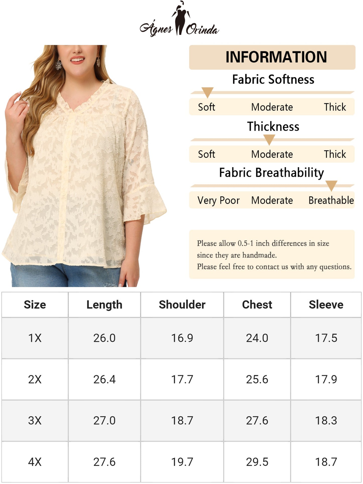 Women Plus Size Top Ruffle V Neck 3/4 Bell Sleeve Semi Sheer Blouse