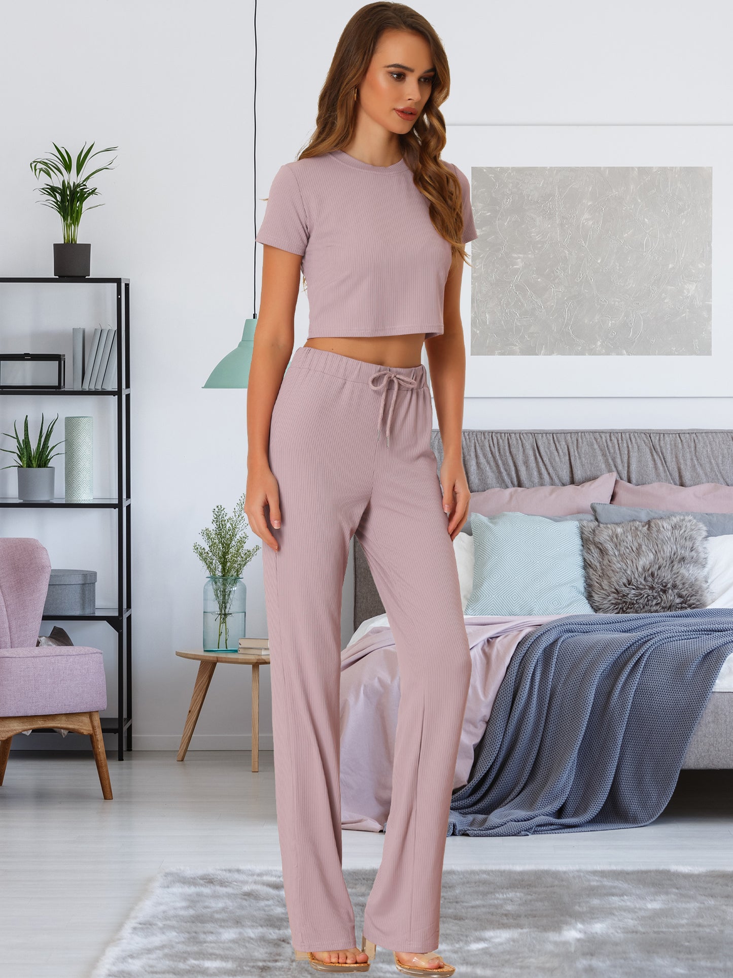 Conjunto de chándal de verano de 2 piezas para mujer, con top corto de manga corta, cintura alta, pierna ancha y pantalón largo