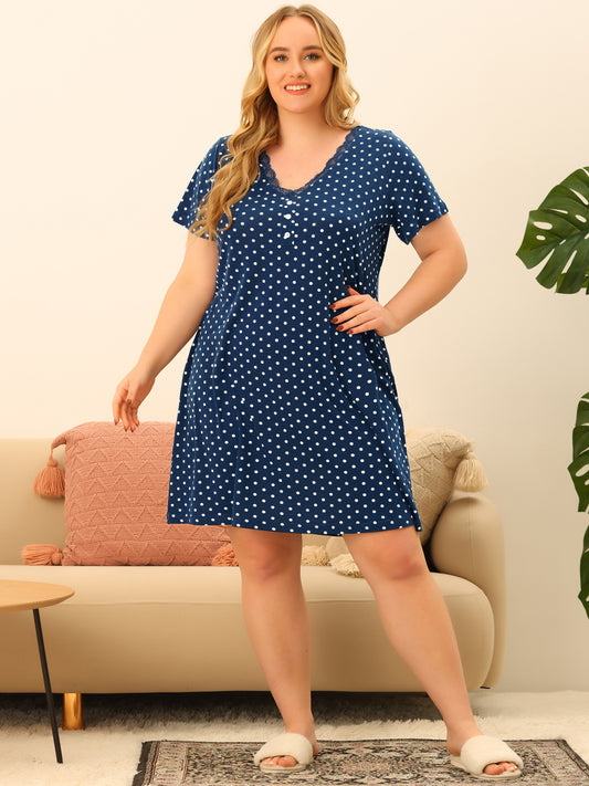 Women Plus Size Loungewear V Neck Lace Panel Sleepwear Nightgown