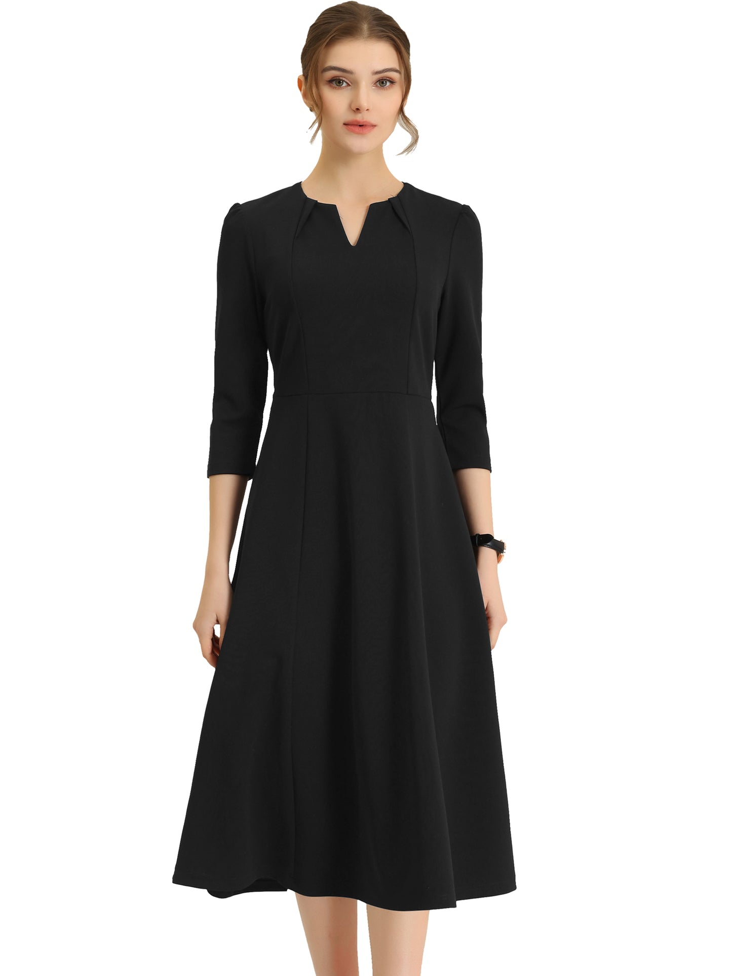 Women's 3/4 Sleeve Dresses V Neck Pockets Elegant Work Business Spring Fall A-Line Midi Dress (Available in Plus Size)