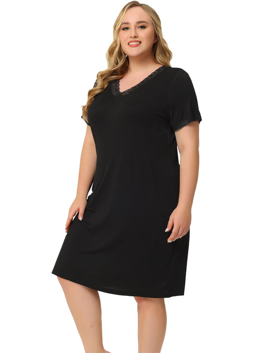 Women Plus Size Nightgowns Lace V Neck Short Sleeve Loungewear Sleepwear Dress