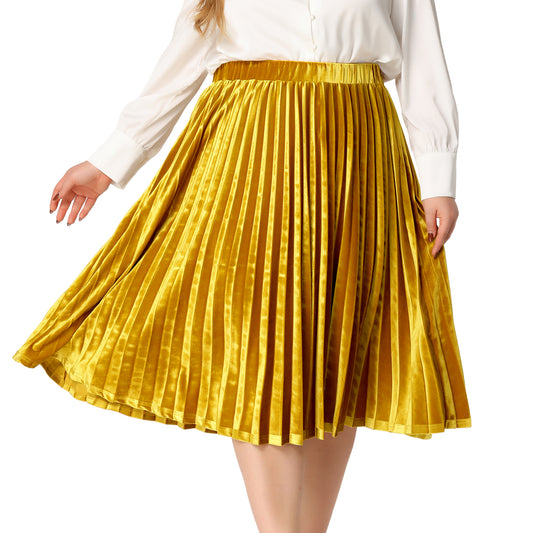 Falda plisada midi de terciopelo con cintura elástica y diseño de acordeón metálico para mujer, talla grande