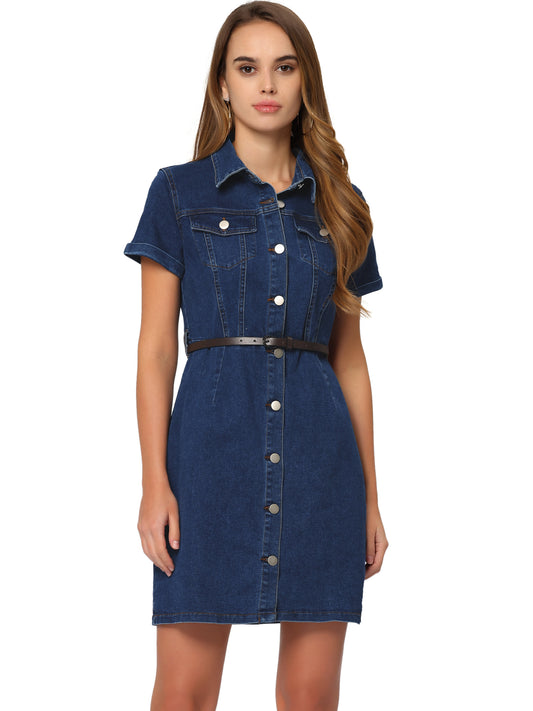 Women's Denim Shirt Dress Collar Short Sleeve Belted Button Up Jean Dresses