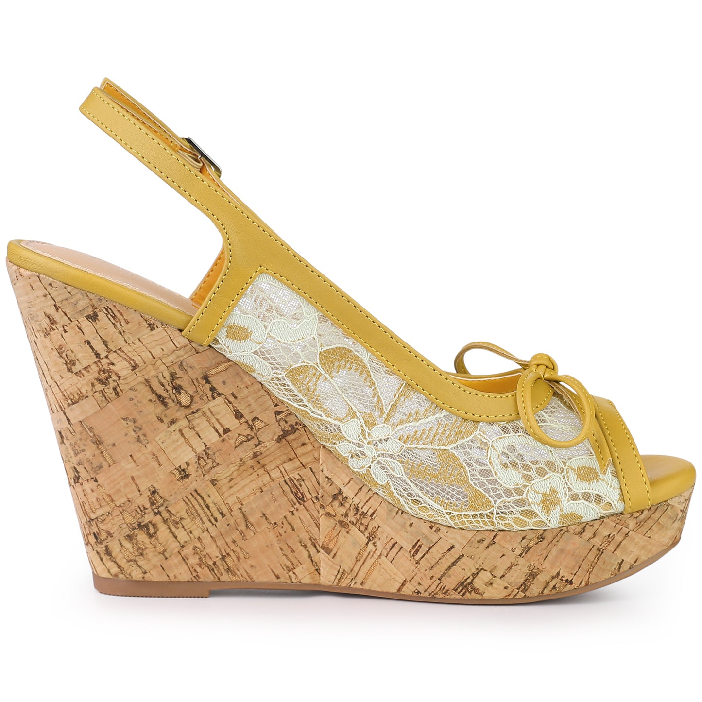 Women's Platform Heels Bow Lace Wedge Mustard Sandals