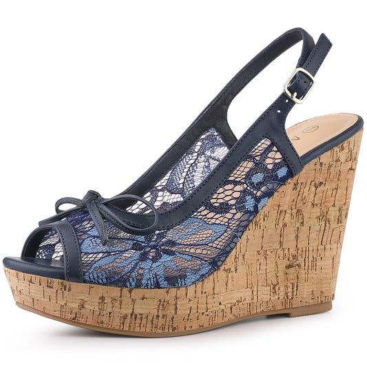 Women's Platform Heels Bow Lace Wedge Mustard Sandals