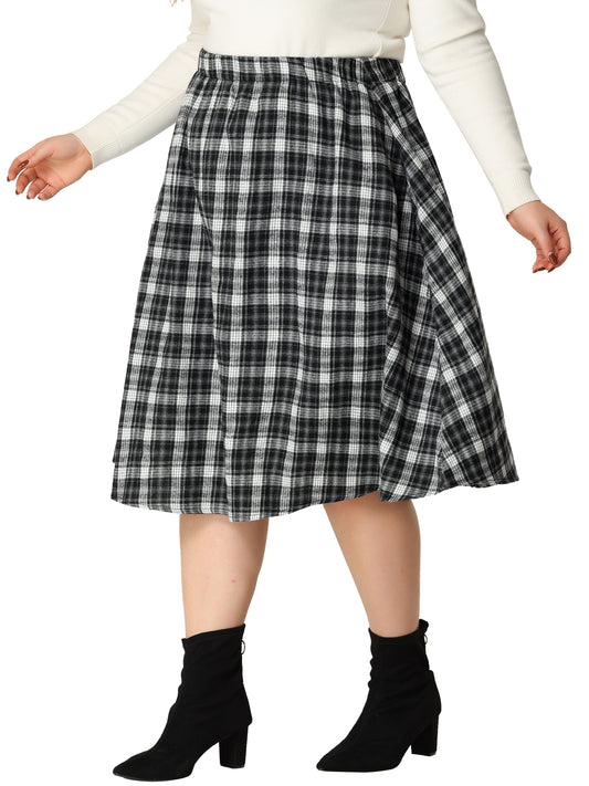 Falda vintage de talla grande para mujer, corte A, estampado a cuadros, acampanada, elástica, cintura alta, midi