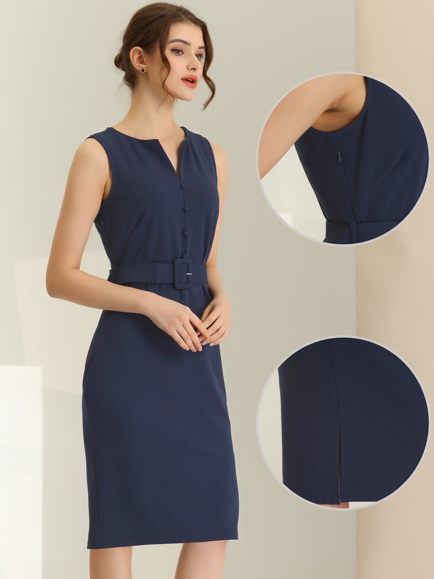 Women's Elegant Round Neck Belted Bodycon Pencil Dress Sleeveless Work Sheath Dress