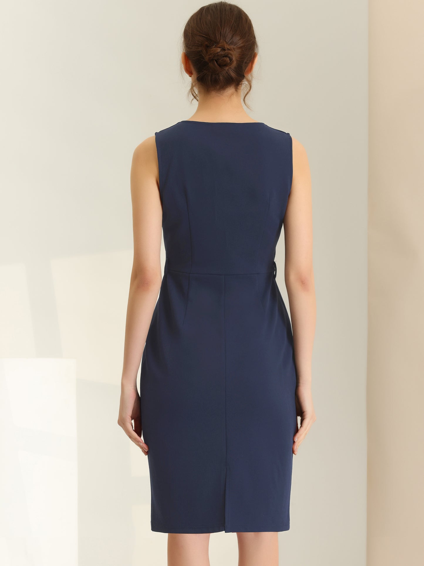 Women's Elegant Round Neck Belted Bodycon Pencil Dress Sleeveless Work Sheath Dress