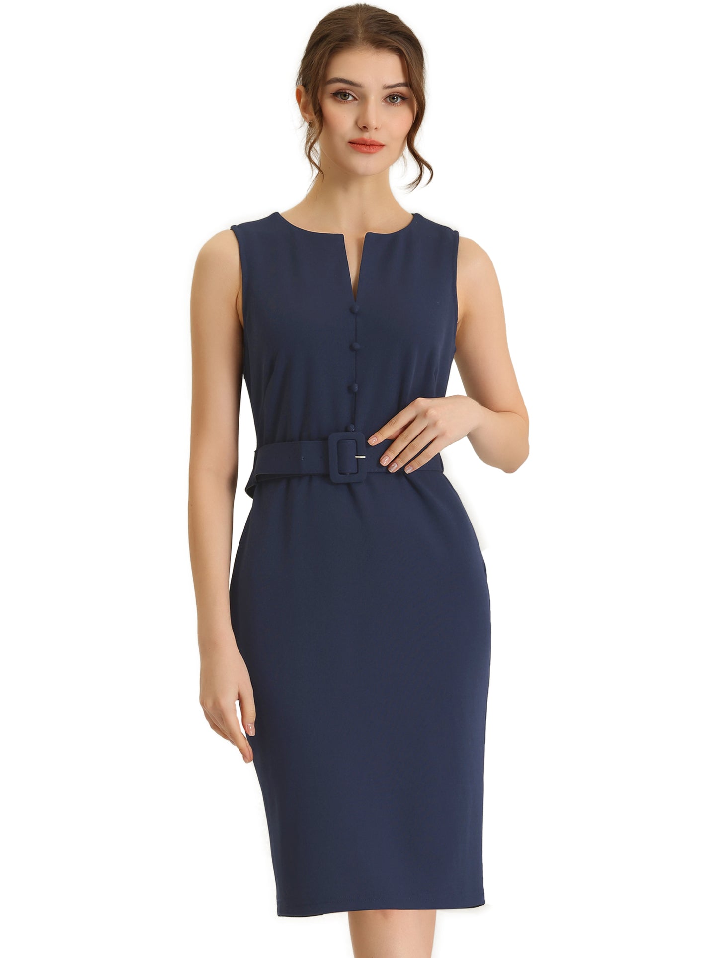 Women's Elegant Round Neck Belted Bodycon Pencil Dress Sleeveless Work Sheath Dress
