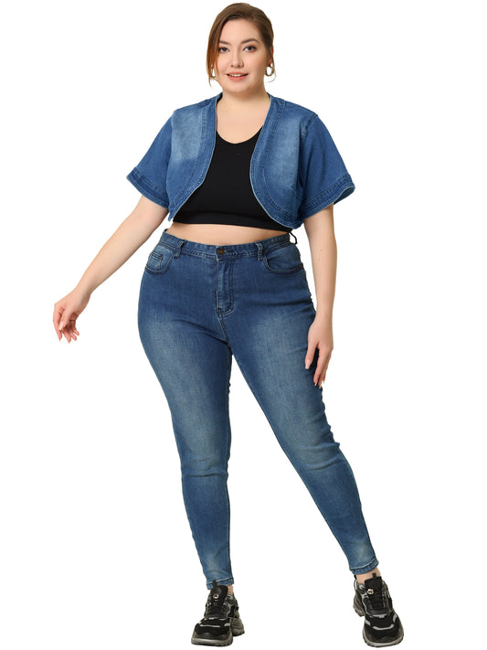 Women Plus Size Denim Jackets Cardigan Casual Short Crop Jean Jacket Shrug