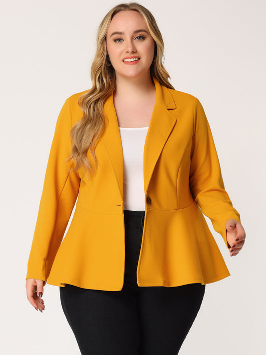 Blazer de talla grande para mujer, con volantes, cuello en V, manga larga, panel con muescas, botones, peplum, para oficina y trabajo