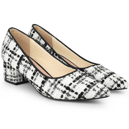 Women's Pointy Toe Tweed Plaid Knitted Printing Chunky Heels Pumps