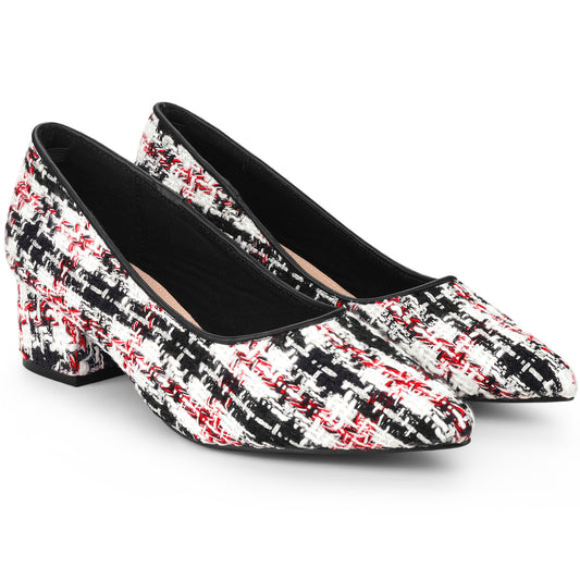 Zapatos de tacón grueso con estampado de cuadros de tweed y punta puntiaguda para mujer
