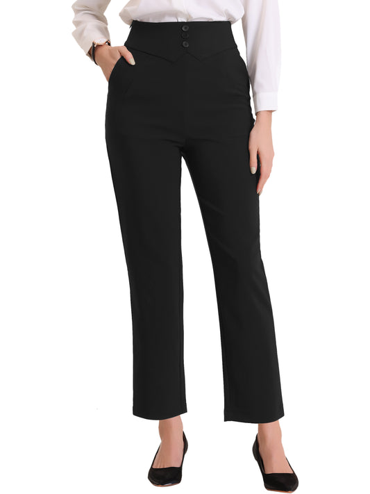 Women's Elegant Business Pants Elastic Waist Button Decor Straight Leg Work Trousers