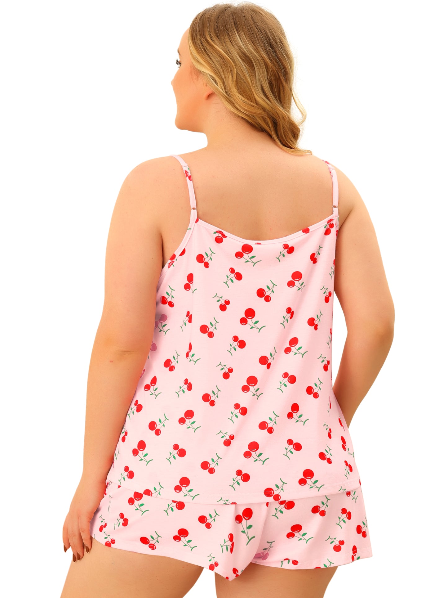 Women Plus Size Nightgown Summer Cherry Print Cami Top and Shorts Sleepwear Pajama Set