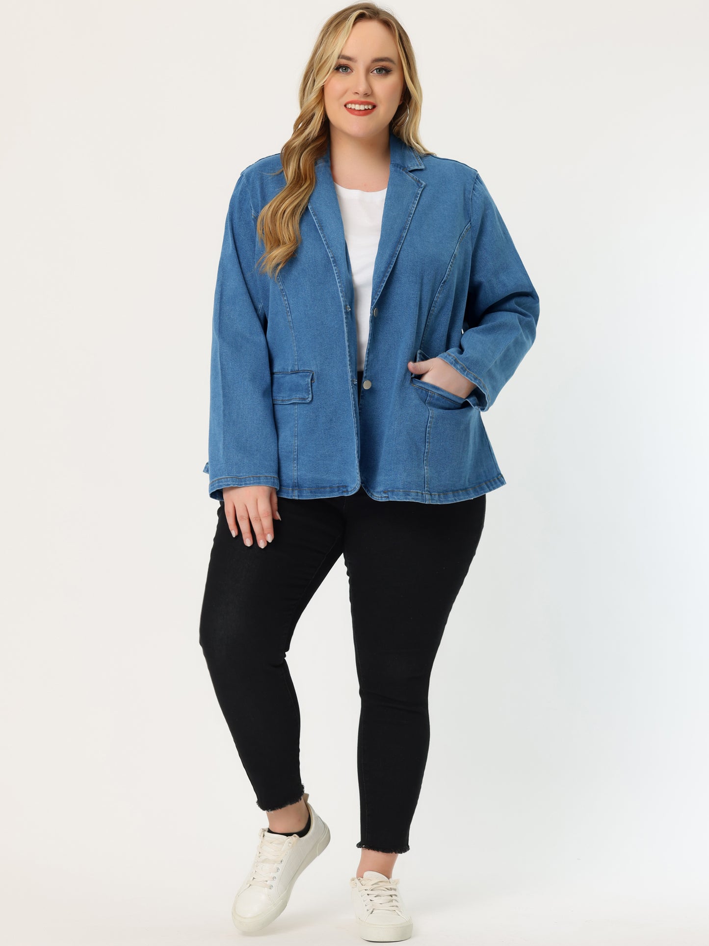 Women's Plus Size Denim Jackets Elegant Jean Lapel Work Blazers