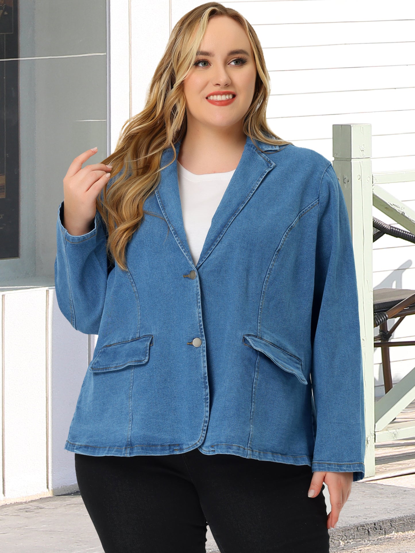 Women's Plus Size Denim Jackets Elegant Jean Lapel Work Blazers