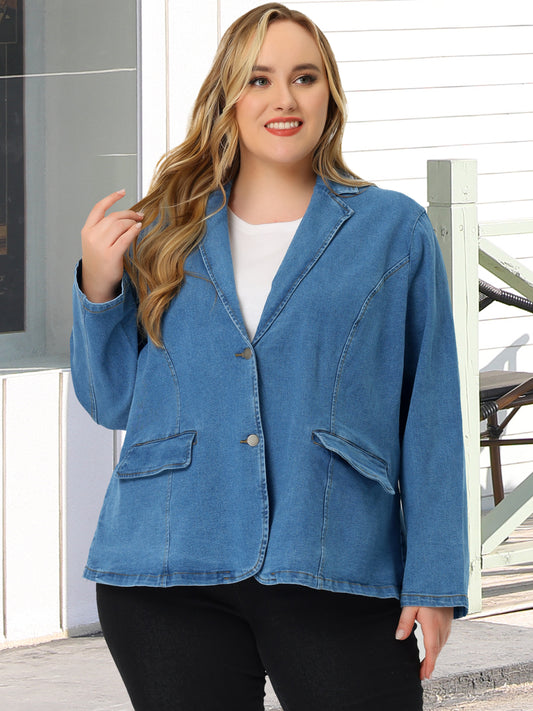 Chaquetas vaqueras de talla grande para mujer, elegantes blazers de trabajo con solapa de mezclilla