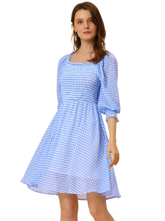 Women's Square Neck 3/4 Sleeve Ruffle Smocked Plaid Above Knee Dress
