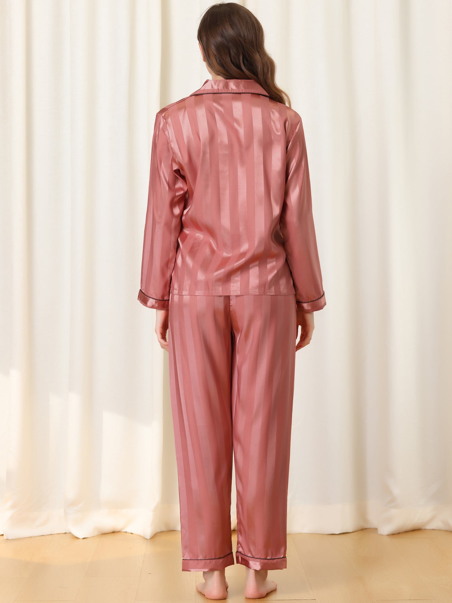 cheibear Satin Sleepwear Button Down Nightwear with Pants Pajama Set Pink