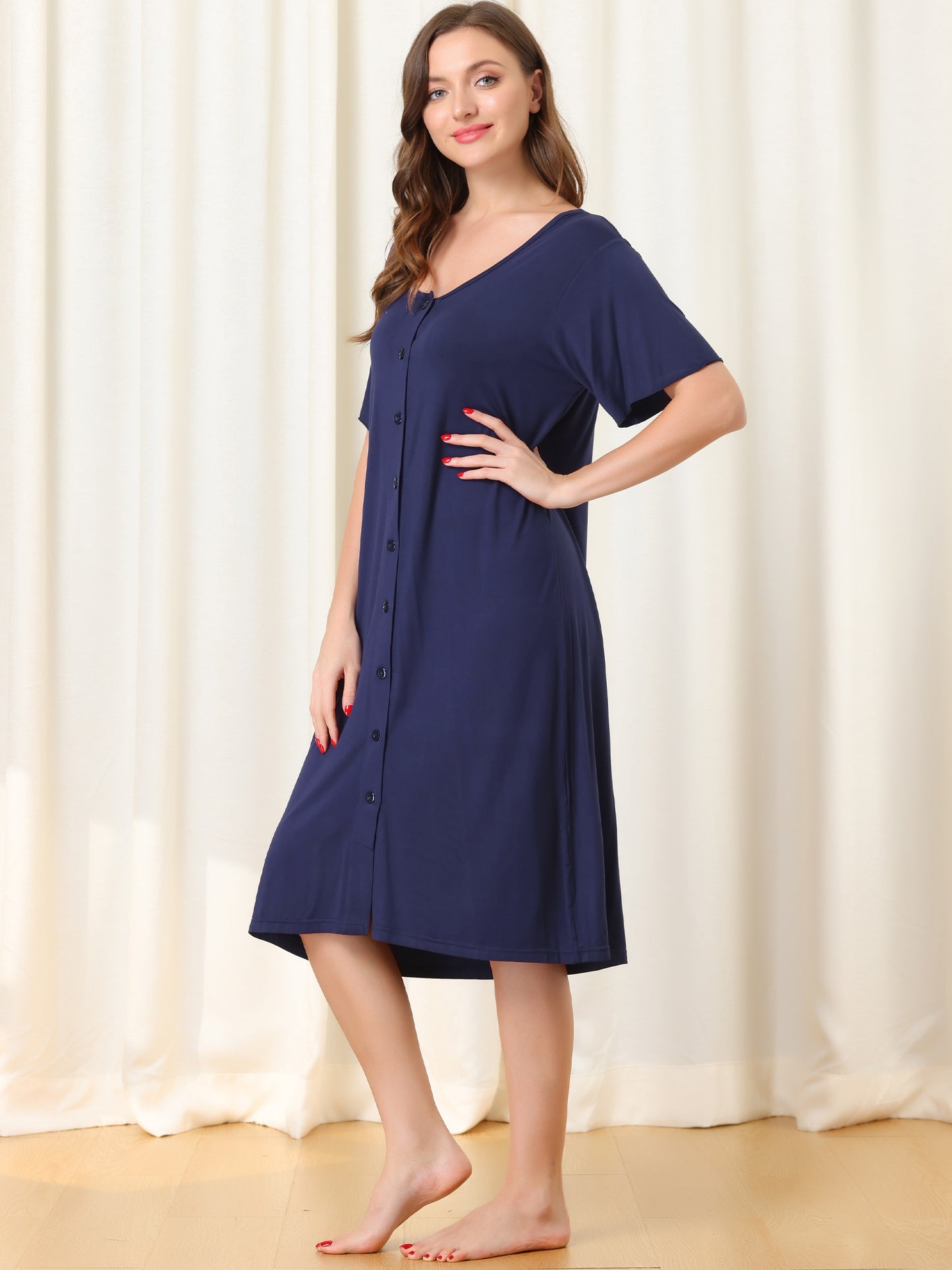 Camisón de manga corta con botones para mujer, vestido de pijama