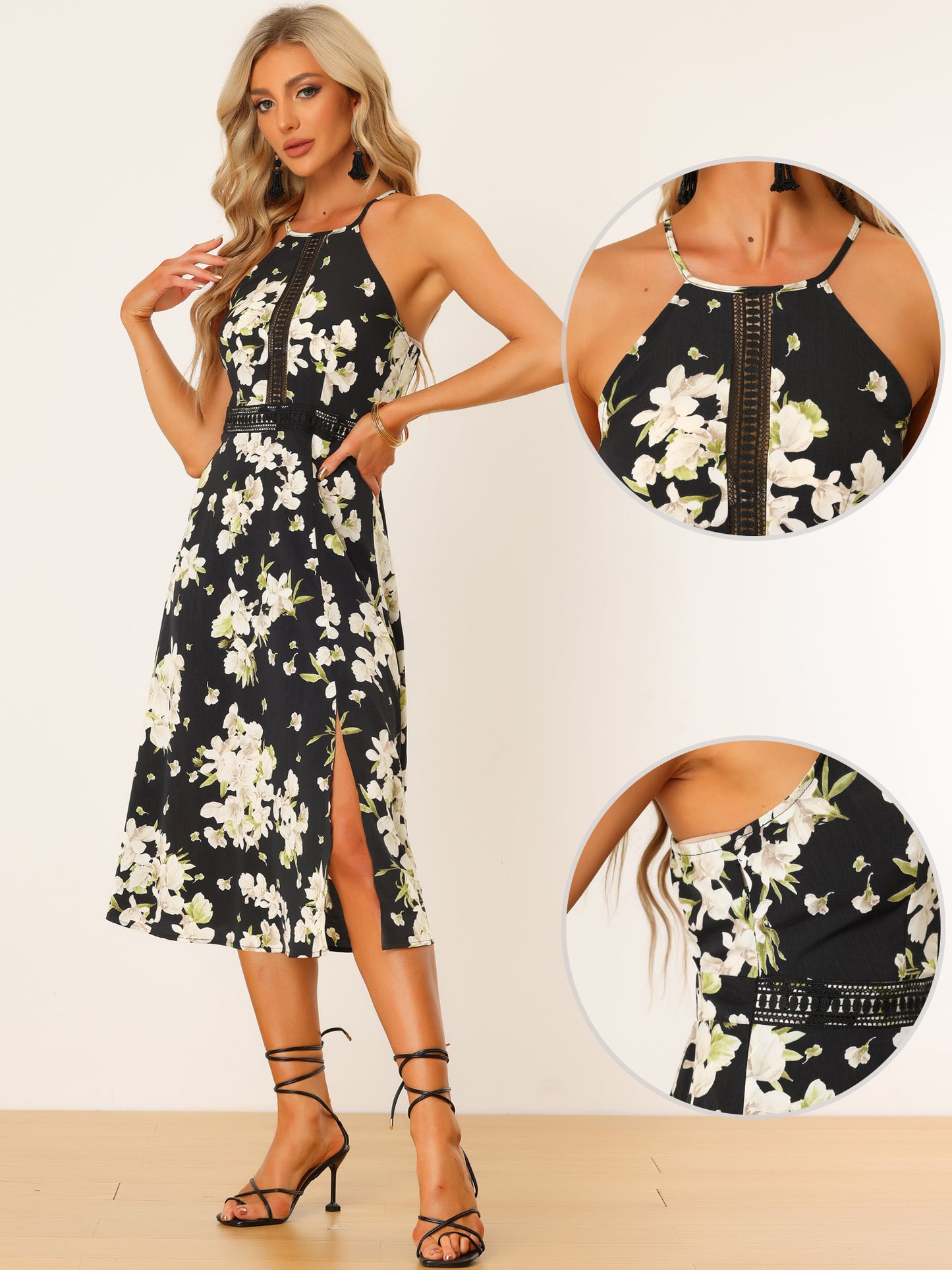 Women's Halter Neck Dresses Split Sleeveless Floral Beach Dress