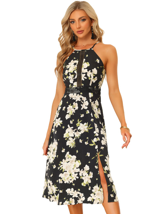 Women's Halter Neck Dresses Split Sleeveless Floral Beach Dress