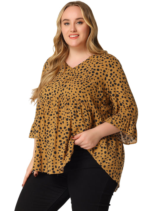 Women Plus Size Polka Dots Blouses V Neck 3/4 Ruffle Sleeve Peplum Top
