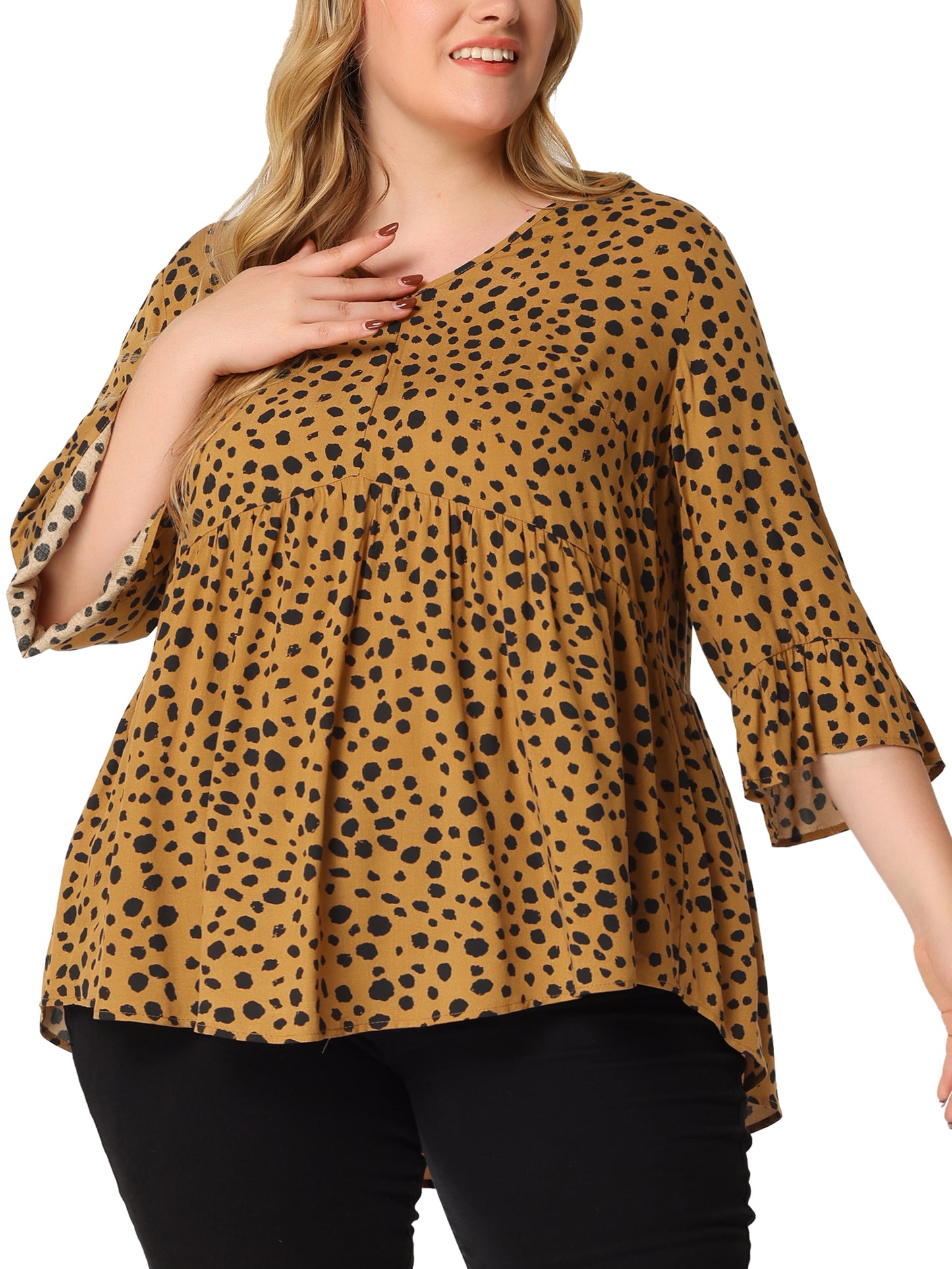 Blusa de lunares de talla grande para mujer, cuello en V, mangas 3/4 con volantes, top peplum