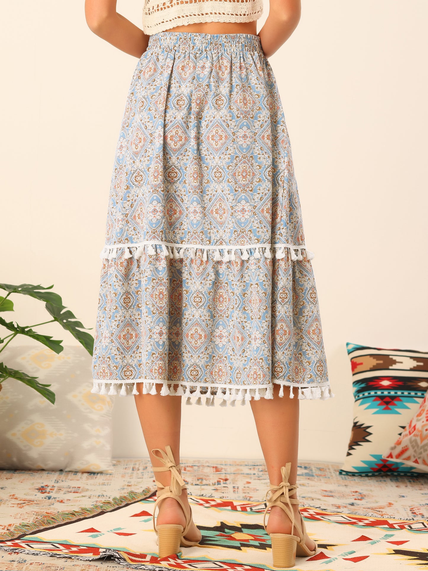 Women's Tiered Midi Skirts Elastic Waist Tassel Fringe Boho Skirt