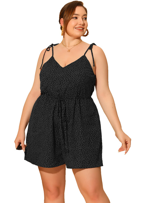 Women Plus Size Rompers Summer Polka Dots Print High Elastic Waist Cami Romper Jumpsuit