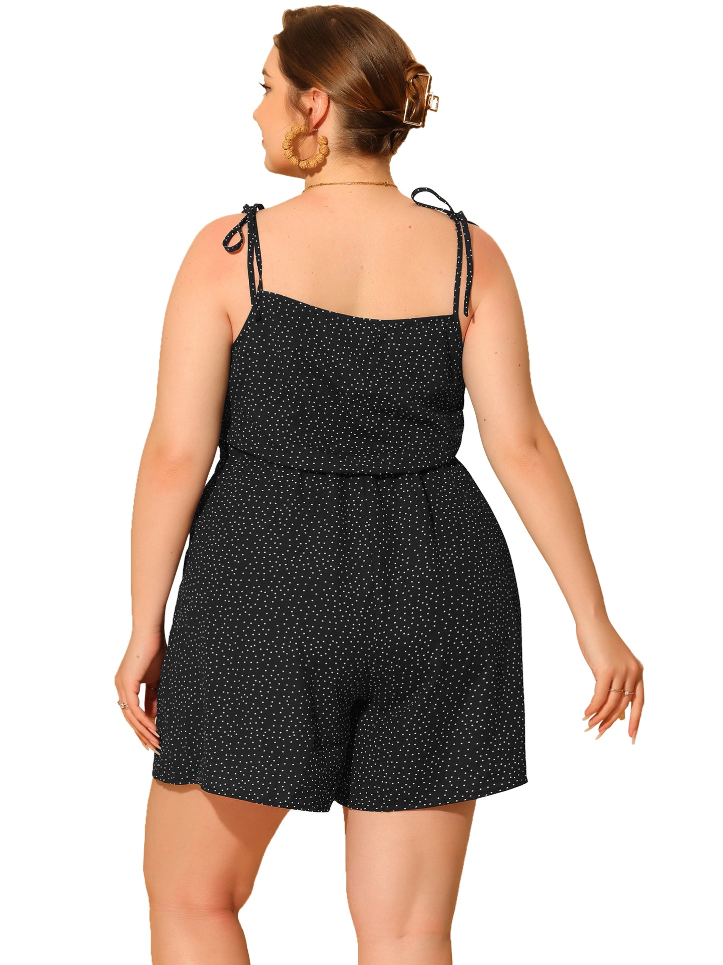 Women Plus Size Rompers Summer Polka Dots Print High Elastic Waist Cami Romper Jumpsuit