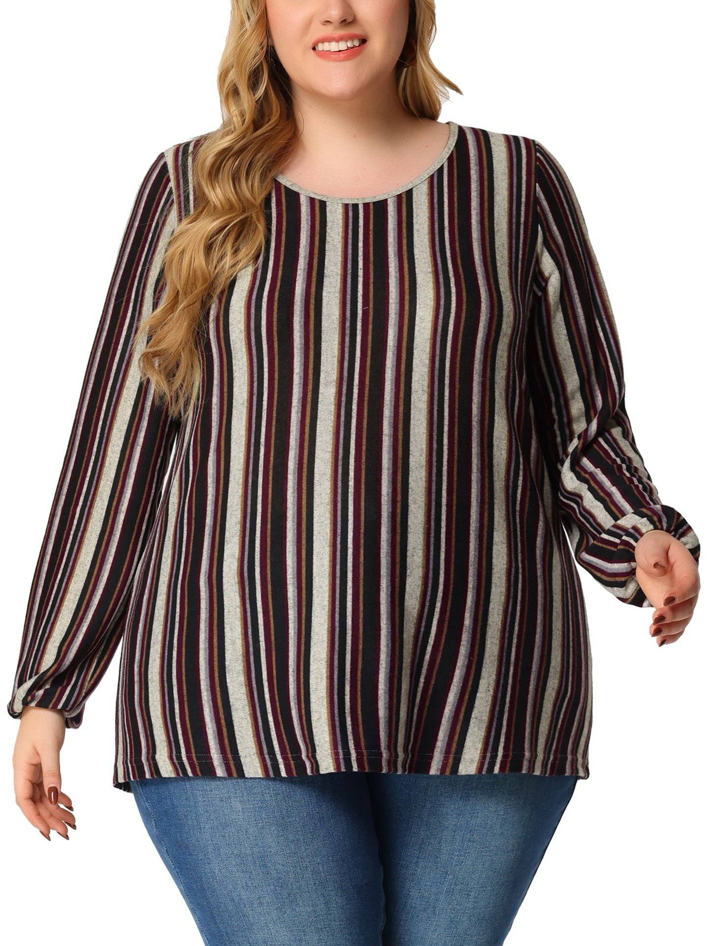 Women Plus Size Boho Color Block Elastic Cuff Long Sleeve Striped Top