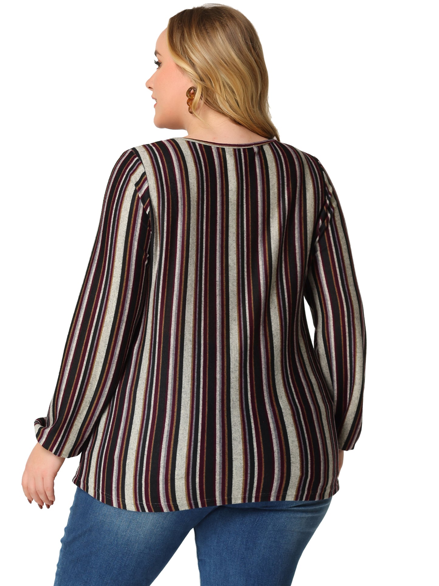 Women Plus Size Boho Color Block Elastic Cuff Long Sleeve Striped Top