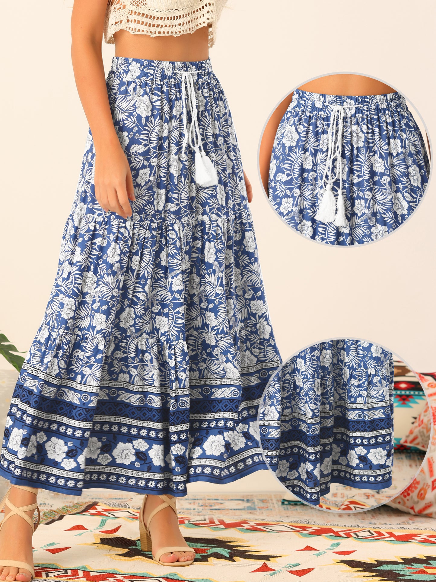 Women's Boho Skirt Summer Floral Bohemian Tassels Elastic Waist Maxi Skirt