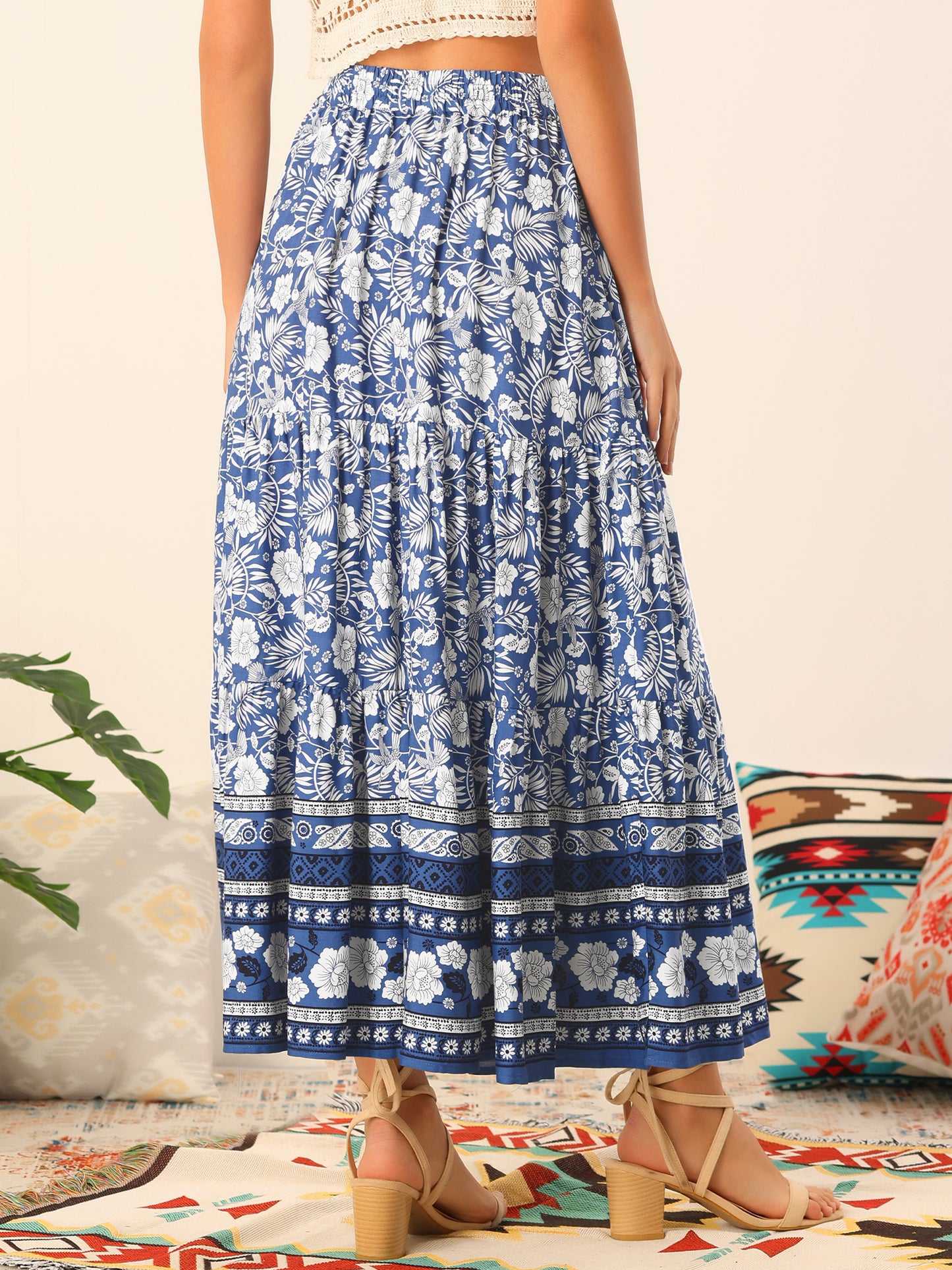 Women's Boho Skirt Summer Floral Bohemian Tassels Elastic Waist Maxi Skirt