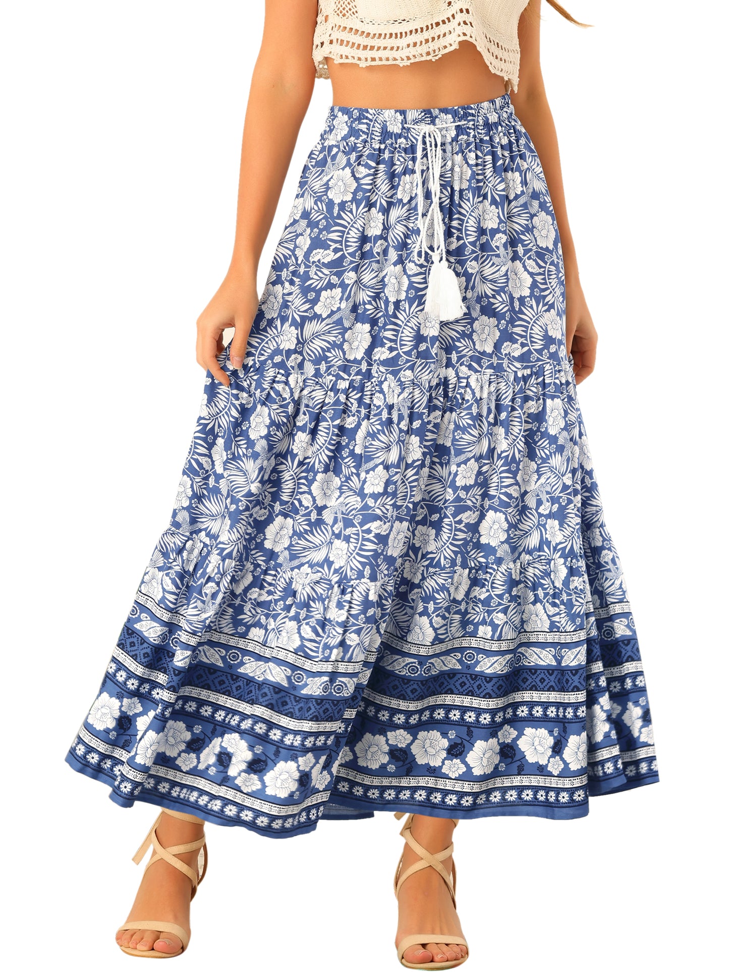Women's Boho Skirt Summer Floral Bohemian Tassels Elastic Waist Maxi Skirt