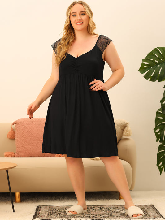 Women Plus Size Lace Cap Sleeve Sleep Dress V Neck Nightwear Loungewear Sleep Dress