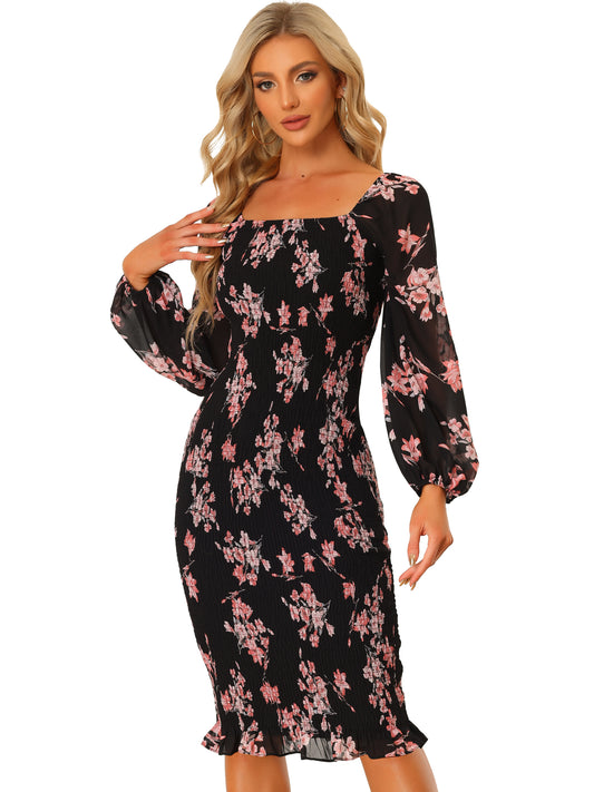 Women's Floral Dresses Mermaid Square Neck Ruffle Puff Sleeve Smocked Bodycon Dress