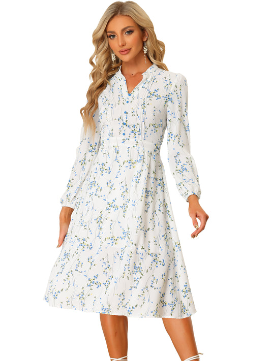 Women's Floral Print V Neck Long Sleeve High Waist Pleated Front Spring Flowy Midi Boho Dress