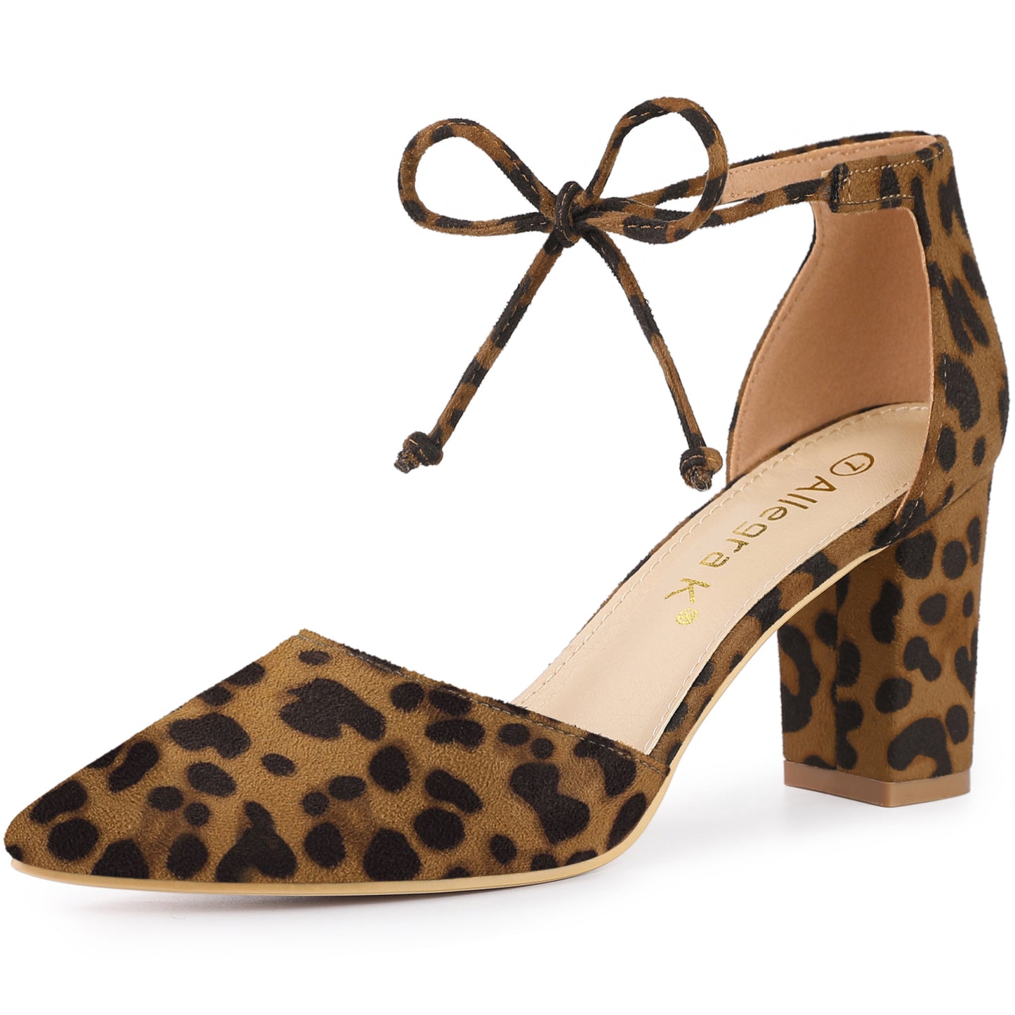 Zapatos de vestir con punta puntiaguda y tacón grueso con lazo en el tobillo para mujer