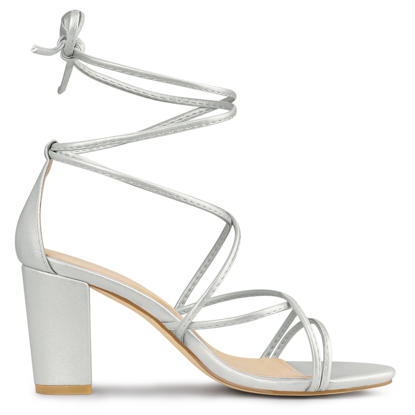 Allegra K Strappy Straps Lace Up Chunky Gold Heel Sandals Silver