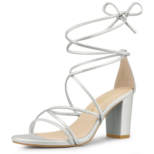 Allegra K Strappy Straps Lace Up Chunky Gold Heel Sandals Silver