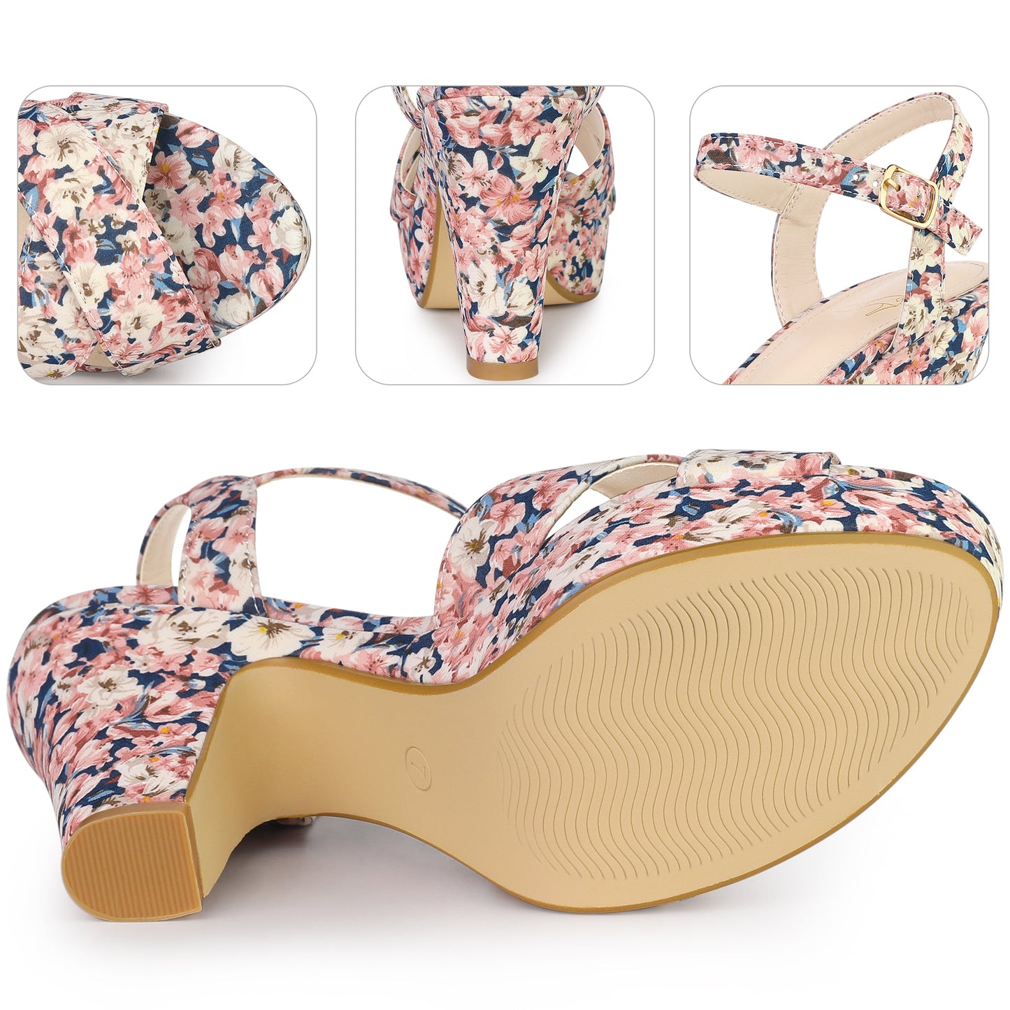 Women Floral Platform Chunky Heels Sandals