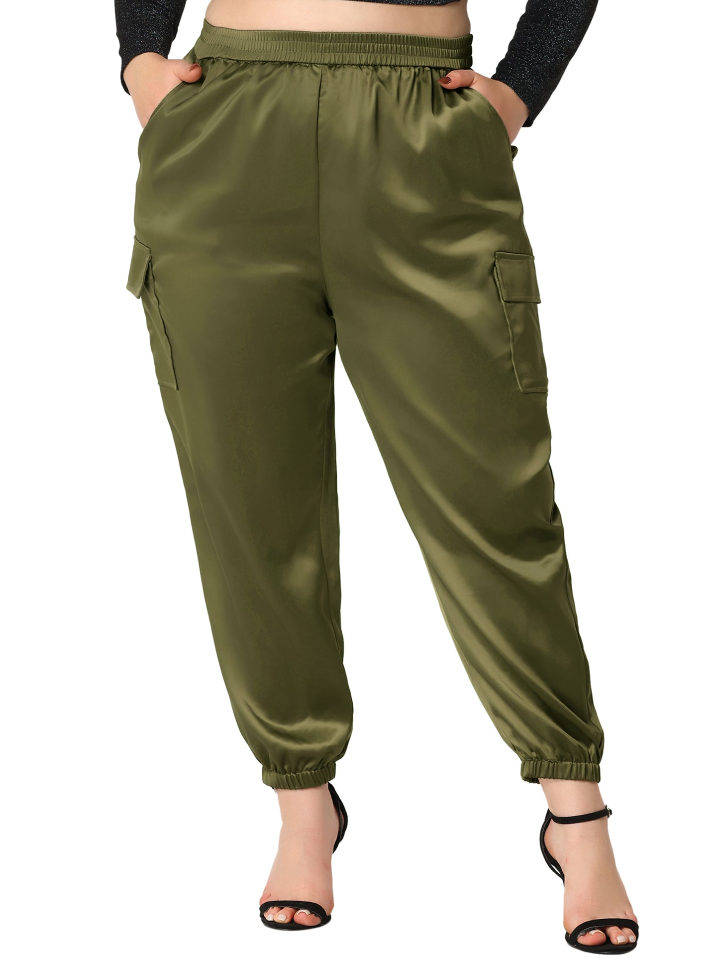 Women Plus Size Satin Joggers Elastic Waist Athleisure Ankle Length Cargo Pants with Pocket