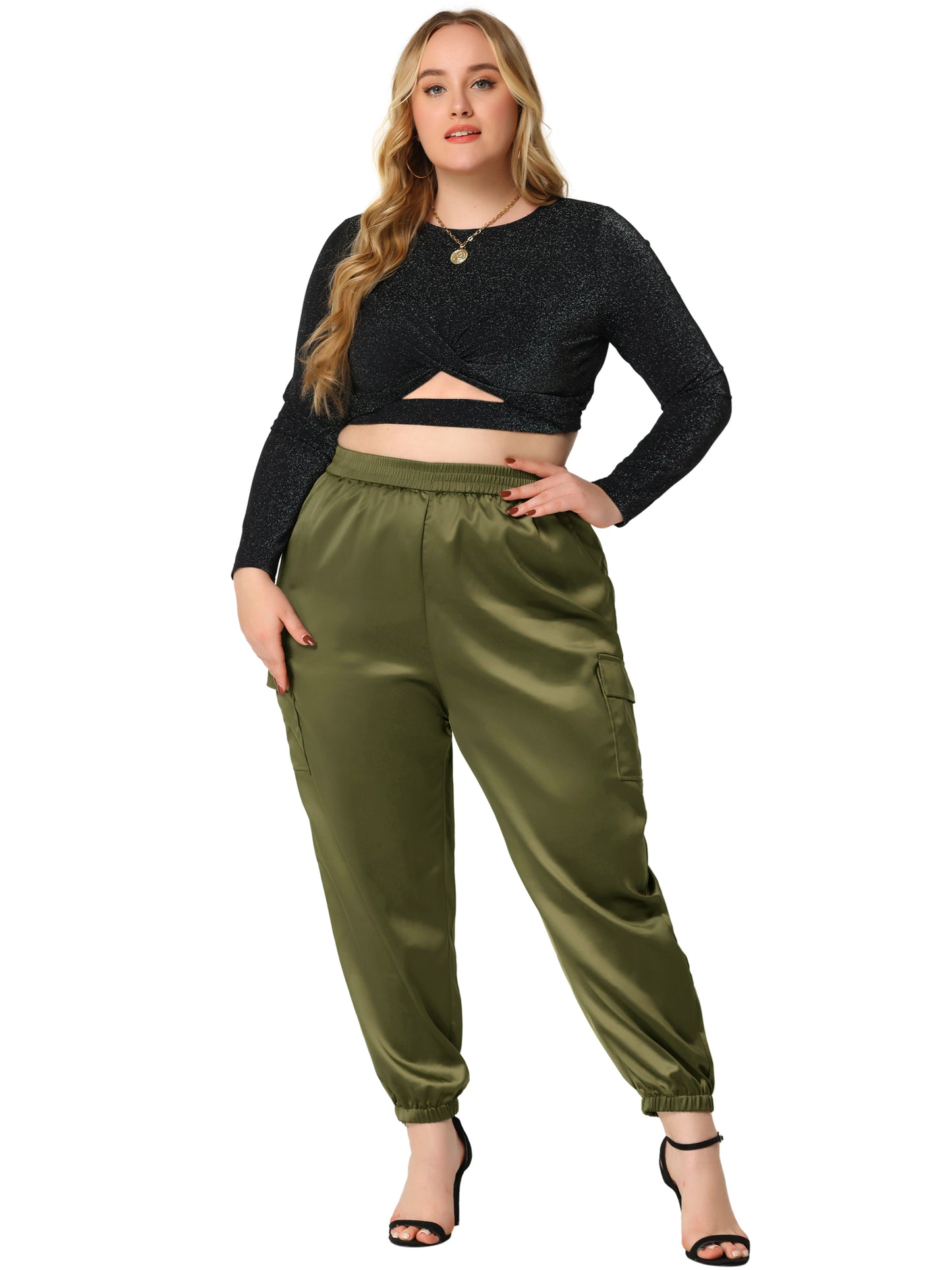 Women Plus Size Satin Joggers Elastic Waist Athleisure Ankle Length Cargo Pants with Pocket