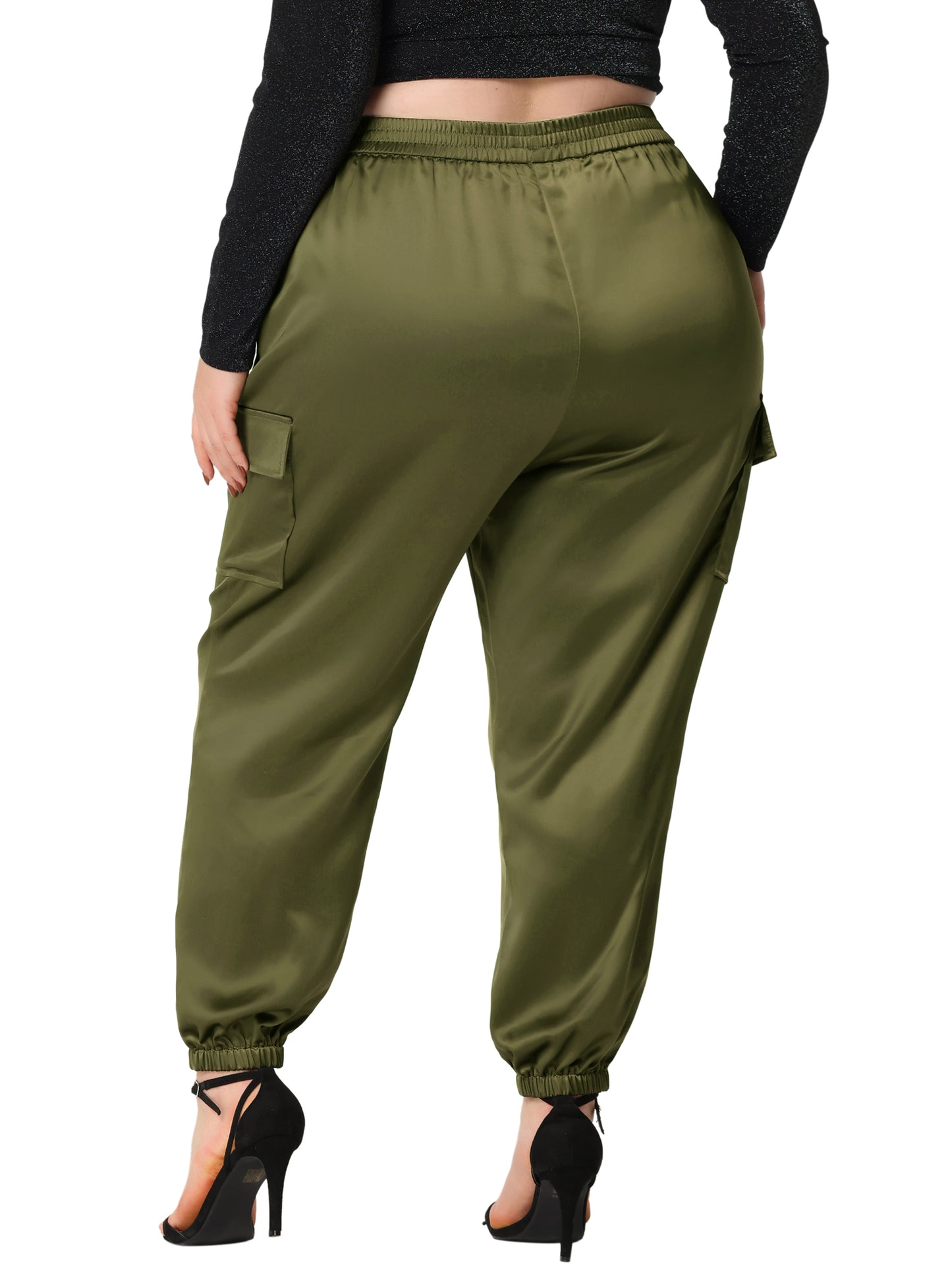 Women Plus Size Satin Joggers Elastic Waist Athleisure Ankle Length Cargo Pants with Pocket