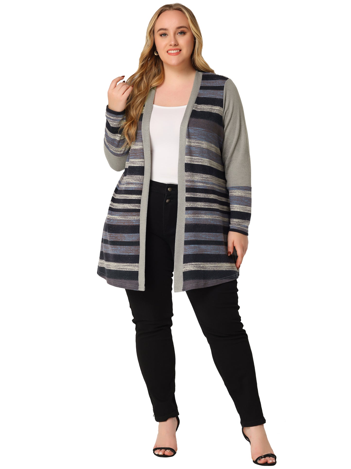 Women's Plus Size Cardigan Long Open Front Striped Sweater Cardigans